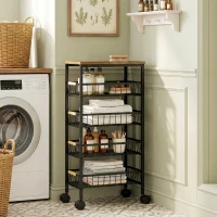 HOMCOM Beistellwagen auf Rollen 4 herausnehmbare Körbe Belastung 15 kg Metallrahmen für Esszimmer 40x24x81,5 cm Rustikales Braun(m-6)