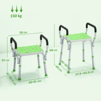 HOMCOM Sgabello Doccia in Alluminio ad Altezza Regolabile con Braccioli e Piedini Antiscivolo, Verde(m-3)
