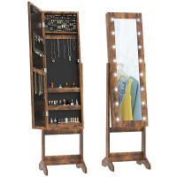 HOMCOM Schmuckschrank mit verstellbarem Spiegel und LED-Beleuchtung 36x30x136 cm Rustikales Braun(m-7)