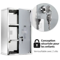 HOMCOM Armoire à pharmacie murale à 3 niveaux en acier inoxydable avec porte verrouillable en verre avec 2 clés(m-4)