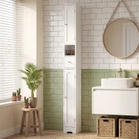 HOMCOM Badezimmerschrank schmaler Badschrank mit Schublade gewölbten Türen offenem Fach verstellbare Ablage 20x20x185 cm Weiß(m-10)