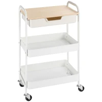 HOMCOM Desserte de cuisine chariot de service 2 étagères tiroir plateau aspect bois clair acier PP blanc(m-1)