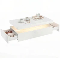 HOMCOM Table basse LED avec rangement, table de salon moderne 2 niveaux avec 2 tiroirs, blanc laqué(m-7)