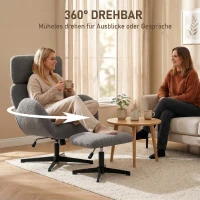 HOMCOM Draaibare Fauteuil met Voetenbank, Hoogte Verstelbare Accentstoel met Verstelbare Hoofdsteun, Schommelfunctie, Grijs(m-7)