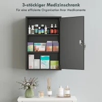 kleankin Wand-Medizinschrank, Badezimmerschrank mit 3 Regalböden, 2 Schlüsseln, 40 x 18 x 60 cm, Schwarz(m-5)