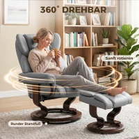 HOMCOM Draaibare relaxfauteuil met voetenbank, hoge rugleuning, hoogwaardig schuim, houten basis, lichtgrijs(m-6)