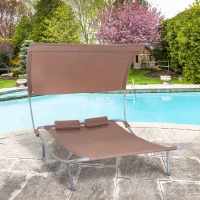 Outsunny Bain de Soleil 2 Places lit de Jardin Toit réglable 2 roulettes 2 oreillers Acier époxy Polyester Marron foncé(m-10)