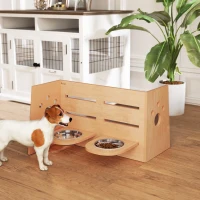 PawHut Comedouro elevado para cães de 3 alturas ajustáveis comedouro para cão 2 tigelas aço inoxidável 63 x 58,5 x 40 cm carvalho(m-6)
