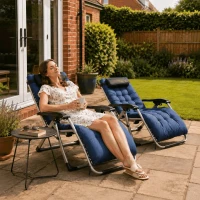 Outsunny 2pc Reclining Zero Gravity Sun Loungers ,Folding Chaise Lounge Chair with Cushions, Blue(m-2)
