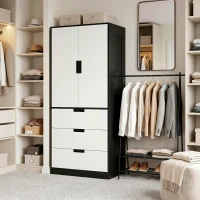 HOMCOM 2 Door Wardrobe, Modern Wardrobe with 3 Drawers and Hanging Rod for Bedroom, Black(m-5)