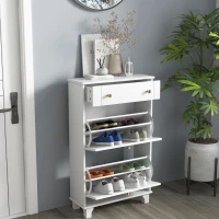HOMCOM Scarpiera Salvaspazio Slim con 2 Ante a Ribalta, Scarpiera Ingresso con Ripiani Regolabili, Cassetto, Base Rialzata, Bianco(m-10)