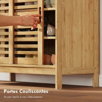 HOMCOM Meuble à chaussures en bambou 16 paires, armoire à chaussures, 2 portes coulissantes, étagères réglables, bois naturel(m-6)