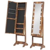 HOMCOM Schmuckschrank mit verstellbarem Spiegel und LED-Beleuchtung 36x30x136 cm Rustikales Braun(m-1)