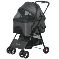 PawHut Carrinho para cães 3 em 1 dobrável cesto de transporte com alça removível almofada 76 x 51 x 100 cm cinza(m-7)