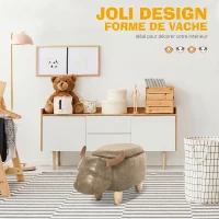 HOMCOM Tabouret Vache - Pouf Vachette - Pouf Taureau Coffre de Rangement 2 en 1 - Pieds Bois d'hévéa revêtement synthétique Aspect Daim Vieilli Marron(m-4)