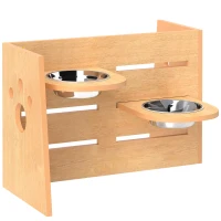 PawHut Comedouro elevado para cães de 3 alturas ajustáveis comedouro para cão 2 tigelas aço inoxidável 63 x 58,5 x 40 cm carvalho(m-7)