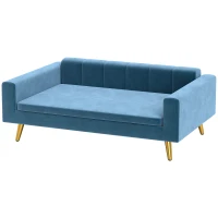 PawHut Sofá para cão cama para cão design escandinavo almofada macia pés metal dourado 94 x 59,5 x 31,5 cm veludo sedoso azul(m-7)