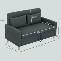 HOMCOM Divano 2 Posti con Spazio Portaoggetti e Cuscini, in Tessuto Effetto Lino e Legno, 135x72x84 cm, Grigio Scuro(m-3)