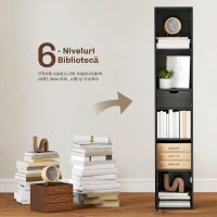 HOMCOM Bibliotecă cu 4 Rafturi Deschise, Dulap și Sertar, 30x24x158 cm, Negru(m-4)