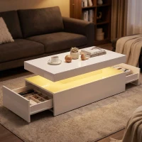 HOMCOM Table basse LED avec rangement, table de salon moderne 2 niveaux avec 2 tiroirs, blanc laqué(m-5)