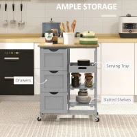HOMCOM Rolling Kitchen Island Cart, Bar Serving Cart, Compact Trolley on Wheels with Wood Top, Shelves & Drawers, Grey(m-4)