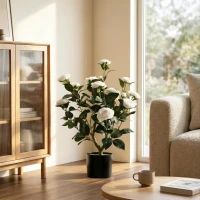 HOMCOM Planta Artificial de Camelia 65cm Árbol Artificial en Maceta con Flores de Seda Realistas 116 Hojas Efecto Musgo Blanco(m-8)