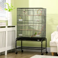 PawHut Jaula para Pájaros con Ruedas 79x49x133 cm Pajarera Metálico con 4 Comederos 3 Perchas Juguetes para Periquitos Negro(m-10)