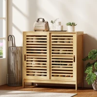 HOMCOM Meuble à chaussures en bambou 16 paires, armoire à chaussures, 2 portes coulissantes, étagères réglables, bois naturel(m-10)