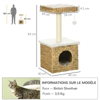 PawHut Árvore para gatos 2 níveis com 1 toca 1 poste em sisal 1 plataforma de observação e 1 pompom suspenso jacinto-de-água(m-3)