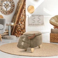 HOMCOM Tabouret Vache - Pouf Vachette - Pouf Taureau Coffre de Rangement 2 en 1 - Pieds Bois d'hévéa revêtement synthétique Aspect Daim Vieilli Marron(m-2)