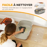 PawHut Caisse de transport chat et chien, cage de transport avec porte acier, bol de nourriture, 49 x 32 x 31 cm, gris et crème(m-8)