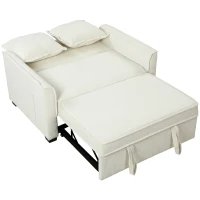 HOMCOM Sofá-Cama 2 Lugares 3 em 1 com Encosto Ajustável Bolsos Laterais 2 Almofadas para Sala Creme(m-10)