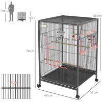 PawHut Cage oiseau sur pied cage sur roulettes avec balançoire, perchoirs et plateau coulissant 48 x 46 x 78 cm en acier noir(m-3)
