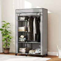 HOMCOM Armadio Portatile in Tessuto non Tessuto e Acciaio con Ruote, 6 Ripiani Aperti, Appendino, Grigio Chiaro(m-10)