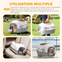 PawHut Caisse de transport chat et chien, cage de transport avec porte acier, bol de nourriture, 49 x 32 x 31 cm, gris et crème(m-4)
