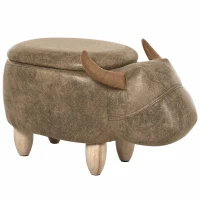 HOMCOM Tabouret Vache - Pouf Vachette - Pouf Taureau Coffre de Rangement 2 en 1 - Pieds Bois d'hévéa revêtement synthétique Aspect Daim Vieilli Marron(m-11)