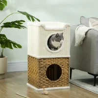 PawHut Casinha para gato de interior 3 níveis, torre para gato com arranhador em sisal 41 x 41 x 75,5 cm, creme(m-6)