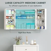 HOMCOM Wall Mount Medicine Cabinet with Key Lock, 3 Tier First Aid Cabinet with 2 Doors and 11 Storage Compartments, White(m-4)