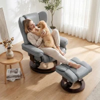 HOMCOM Sillón relax Giratorio con Reposapiés Respaldo Alto Espuma de Alta Densidad Base de Madera Gris Claro(m-6)