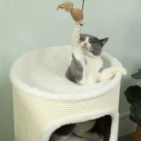 PawHut Casinha para gato de interior de 3 níveis, torre para gato com arranhador em sisal Ø 40 x 80 cm, creme(m-5)