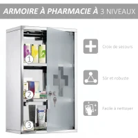 HOMCOM Armoire à pharmacie murale à 3 niveaux en acier inoxydable avec porte verrouillable en verre avec 2 clés(m-6)