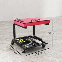 HOMCOM banco de mecânico banco de oficina móvel carga 135 kg tabuleiro de ferramentas rodízios incluídos 36,5 x 33,5 x 35 cm vermelho(m-3)