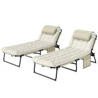Outsunny Lot de 2 transats bains de soleil pliable avec dossier inclinable 4 positions - appui-tête et matelas épais beige(m-1)