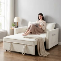 HOMCOM Sofá-Cama 2 Lugares 3 em 1 com Encosto Ajustável Bolsos Laterais 2 Almofadas para Sala Creme(m-7)