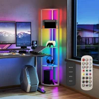 HOMCOM RGB LED Floor Lamp with Shelves, 4-Tier Dimmable Standing Lamp with Adjustable Brightness and Remote Control, Modern Corner Display Shelf Unit for Living Room Bedroom Office, Grey(m-8)