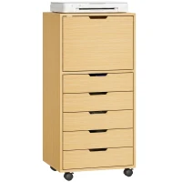 HOMCOM Büroschubladenschrank mit 5 Schubladen, Rollen und Schrank mit Soft-Close, Druckerablage, Natur(m-8)