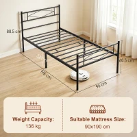 HOMCOM 3ft Single Bed Frame with Headboard and Footboard, Metal Platform Bed Frame with 32 cm Underbed Storage, Black(m-3)