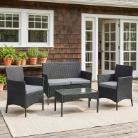 Outsunny Salon de jardin extérieur 4 personnes en résine tressée avec canapés et table basse en verre trempé coussins inclus gris(m-2)