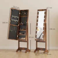 HOMCOM Schmuckschrank mit verstellbarem Spiegel und LED-Beleuchtung 36x30x136 cm Rustikales Braun(m-3)