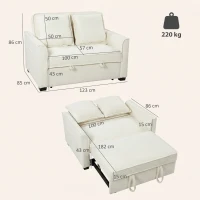 HOMCOM Sofá-Cama 2 Lugares 3 em 1 com Encosto Ajustável Bolsos Laterais 2 Almofadas para Sala Creme(m-3)